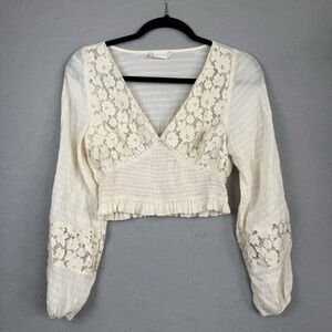 Womens S‎ Cream Cropped Smocked Crocheted Balloon Sleeve Cottagecore Top
